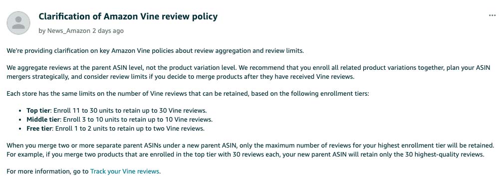 clarification of Amazon Vine review policy